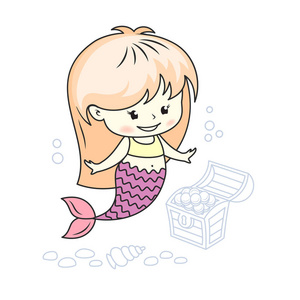 可爱的小美人鱼与珍宝箱子和海贝壳