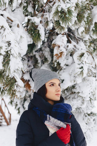 一个女孩站在白雪覆盖的松树下的肖像