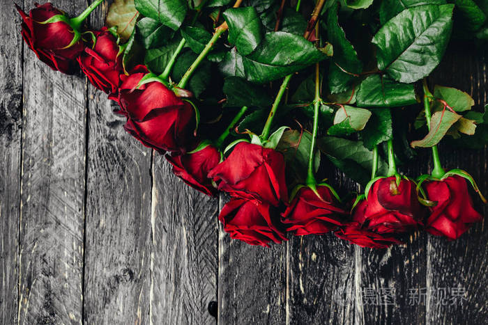 在黑色木质背景上的美丽猩红玫瑰