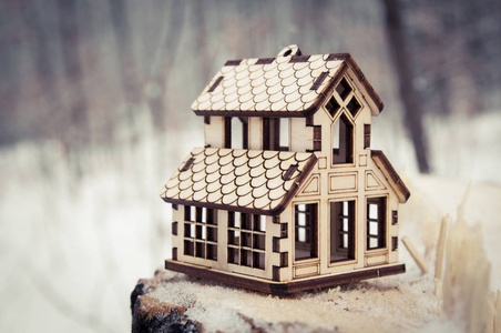 木头玩具房子在树桩在森林里