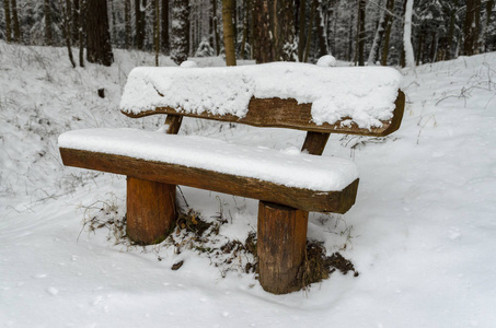 冬季公园内大雪覆盖的木凳