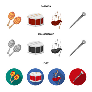 葫芦, 鼓, 苏格兰风笛, 单簧管。乐器集合图标在卡通, 平面, 单色风格矢量符号股票插画网站