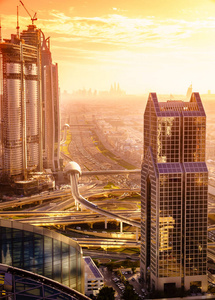 迪拜地平线与市区交通高峰时段鸟瞰图