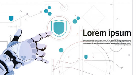 机器人手触按钮数字屏蔽按钮 Web 安全概念横幅与复制空间