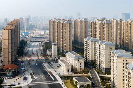 上海地区的鸟瞰图与道路和高层建筑