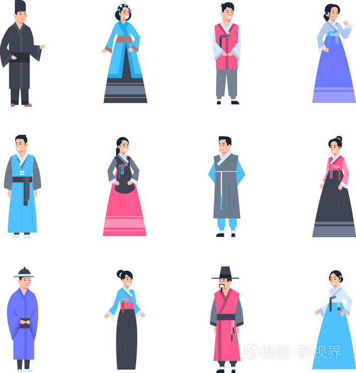 韩国传统服装套装的男女身穿古代服饰的隔离亚洲服饰收藏品插画 正版商用图片046sr2 摄图新视界