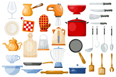 厨房用具或餐具用厨具向量炊具在白色背景下隔离的厨房餐具