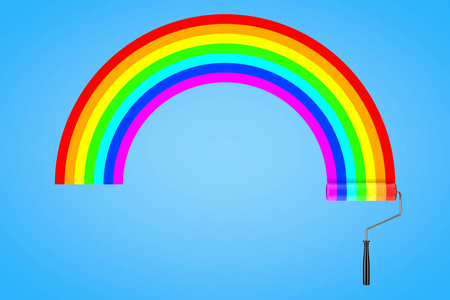 漆辊和彩虹色笔画.3d 渲染照片