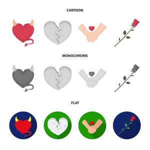 的心, 破碎的心, 友谊, 玫瑰。浪漫集合图标在卡通, 平, 单色风格矢量符号股票插画网站