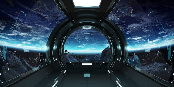 视图在这个星球上飞船内部地球 3d 渲染 el宇宙飞船正准备在行星地球