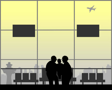 祖父母和孙辈正等着他们飞往机场的航班, 一个在一系列类似的图像剪影