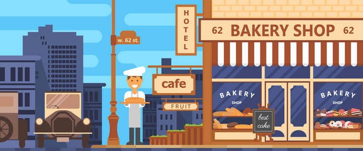 制作面包,运输和商店销售.卡通风格的插图烘焙门面.用糖果展示.