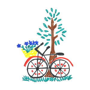 儿童涂鸦自行车与蓝色的花朵在树上的花篮附近的树叶被隔离在白色背景