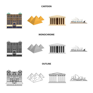 不同国家的景点卡通, 轮廓, 单色图标在集合中进行设计。著名建筑矢量符号股票 web 插图