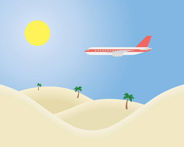 飞行在蓝天与太阳照耀在热带风景用沙子和棕榈树媒介, 适合在假日做广告