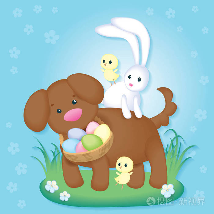 复古复活节贺卡与可爱的小狗, 小鸡和复活节兔子
