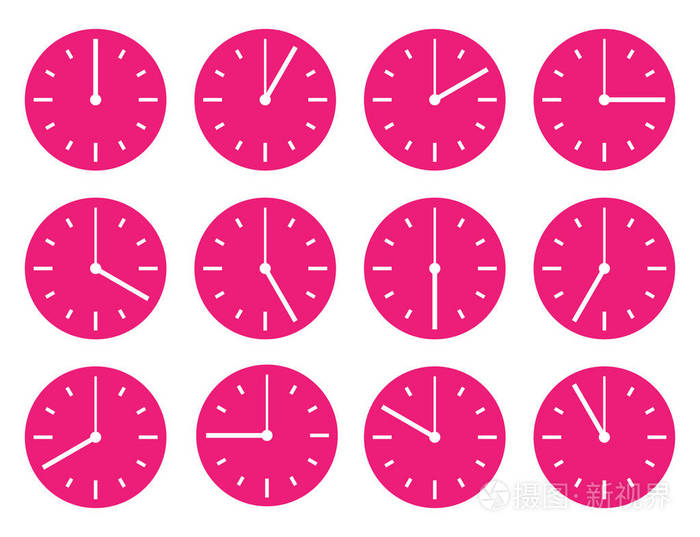 不同时钟上的时间.24 小时.按时间