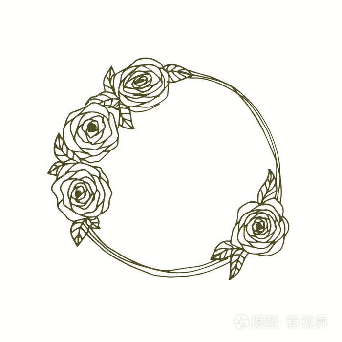 英文玫瑰会标花圈手绘线艺术