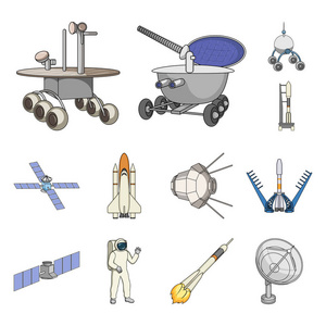 空间技术卡通图标集合中的设计。航天器和设备矢量符号股票 web 插图