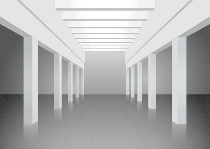 矢量3d 插图。白色内部没有现有的大厦与专栏和横梁天花板和顶光。对称视图