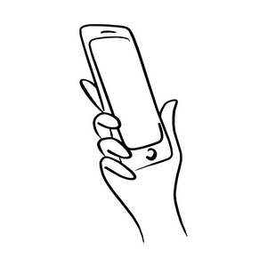 使用手机矢量图示草图手绘的右手特写画用黑色线条在白色背景下被隔离