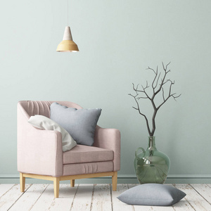 家庭内饰与扶手椅。时髦的颜色。3d 渲染