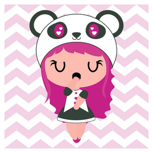 可爱的熊猫女孩在雪佛龙背景矢量卡通插画婴儿保育墙, 壁纸和明信片