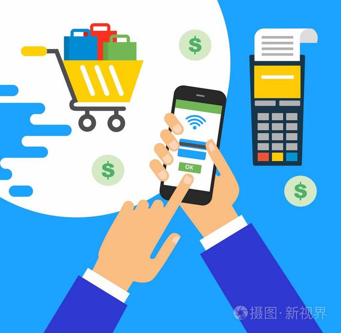 现代智能手机的插图与处理的移动支付从信用卡在屏幕上.网上购物理念