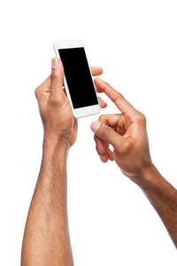 男性手指向空白智能手机屏幕