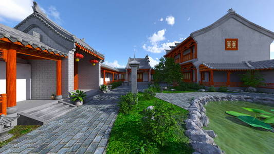 中式住宅与庭院 courtyard3d Cg 渲染