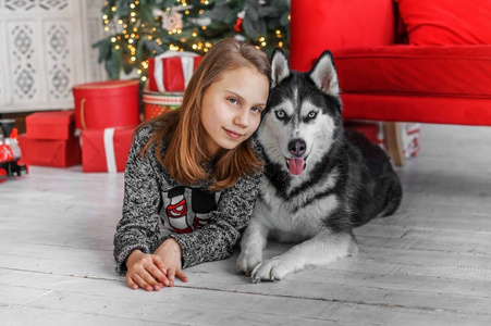 可爱的孩子女孩在圣诞节内部与一只沙哑的狗