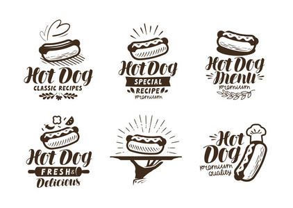 热狗标志或标签。快餐, 外卖图标。刻字矢量插图