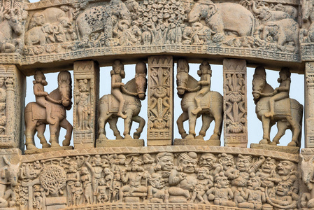 山地佛塔, 古佛教印度教雕像细节, 宗教神秘, 石刻。印度中央邦的旅游目的地