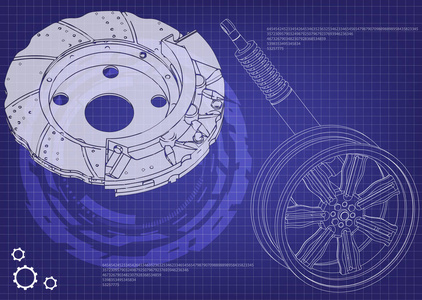 带减震器的刹车盘和车轮在蓝色上