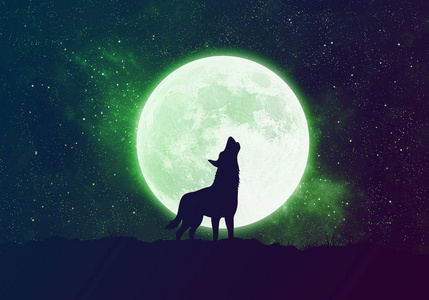 哭泣剪影概念剪影狼, 狼人站立在月亮前面在晚上和哭泣.
