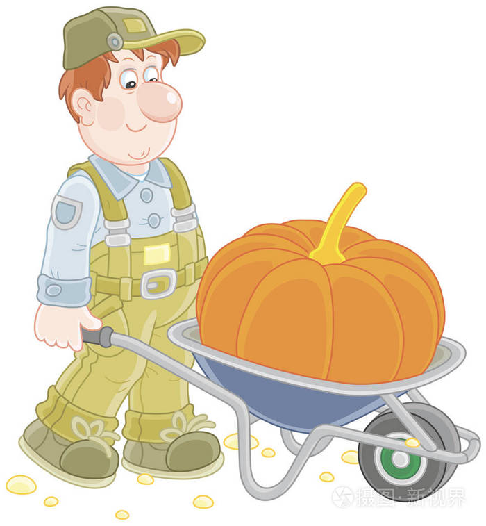 微笑的园丁背着一个大橙色南瓜在他的手推车, 一个矢量插图的卡通风格