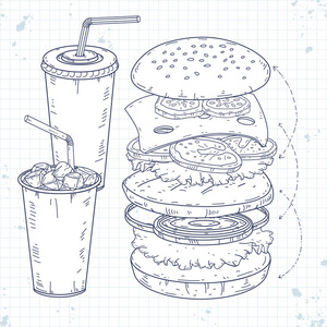 设置图标快速食品, 汉堡包和饮料
