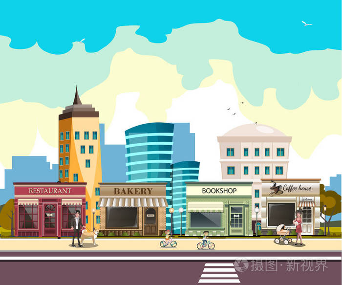 街道与大厦和商店