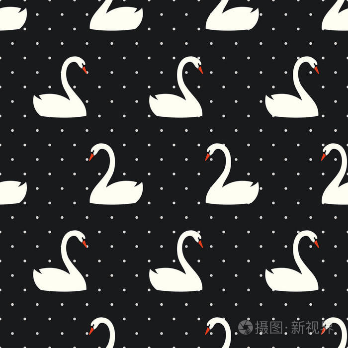 白色天鹅无缝图案圆点黑色背景