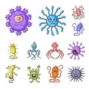 类型的有趣的微生物卡通图标集集合中的设计。微生物病原体载体标志物网插图