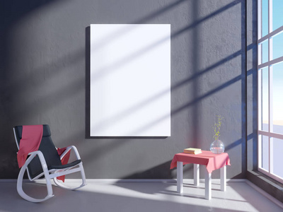 现代明亮的内部与空的框架。3d 渲染3d 插画室, 斯堪的纳维亚, 沙发, 空间, 向上, 墙壁, 白色