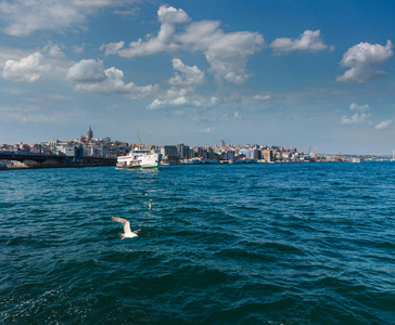 加拉塔塔和加拉塔大桥的景观。渡轮漂浮在金色的号角水道上。博斯普鲁斯海峡.伊斯坦布尔。土耳其