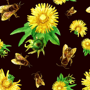 水彩画中蒲公英与蜜蜂的无缝模式