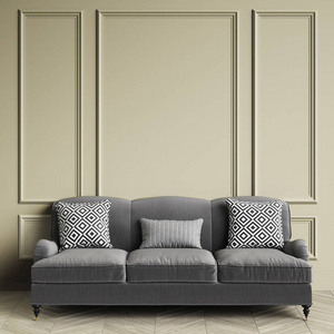 经典的灰色沙发, 枕头与几何黑白打印站在经典的内饰。暖灰色的墙壁与装饰, 地板实木复合木字形。数字插图. 3 d 渲染
