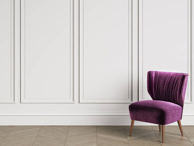 扶手椅在艺术装饰风格的经典内部与复制空间。白色墙壁与装饰。地板木地板的人字形。数字插图. 3 d 渲染