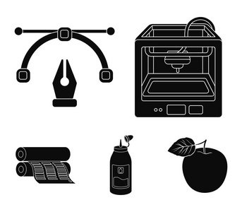 3d 打印机 报纸打印机 墨水 钢笔。排版中的黑色风格矢量符号股票图 web 设置集合图标