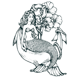 美人鱼鱼鳞波日本豪华无缝图案. 水彩画手画深蓝色茶绿色背景与金线.