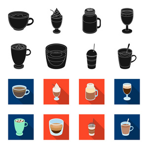 Ristretto, 热巧克力, 拿铁拿去。不同类型的咖啡集合图标在黑色, flet 风格矢量符号股票插画网站