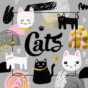 可爱的猫手画设计。幼稚的背景与小猫和抽象元素。婴儿手绘组合的封面, 装饰。矢量插图