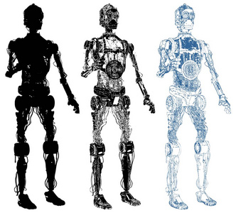 轮廓机器人矢量最小图标或符号男性科学家和机器人手臂在现代实验室中